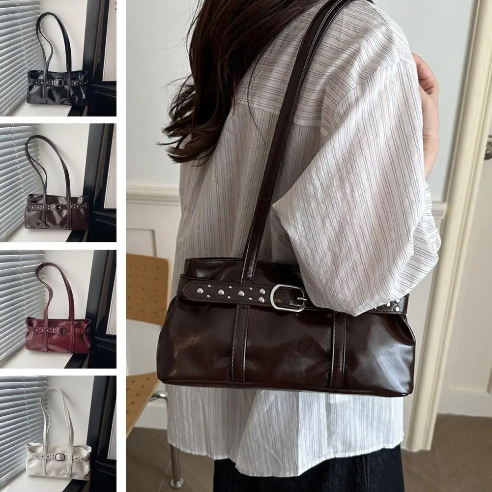 Vintage Motorrad-Gürtelschnallen-Schultertasche für Damen, europäische Retro-PU-Leder-Unterarmtasche, modische Handtasche für Büro und Pendeln – Detail 7