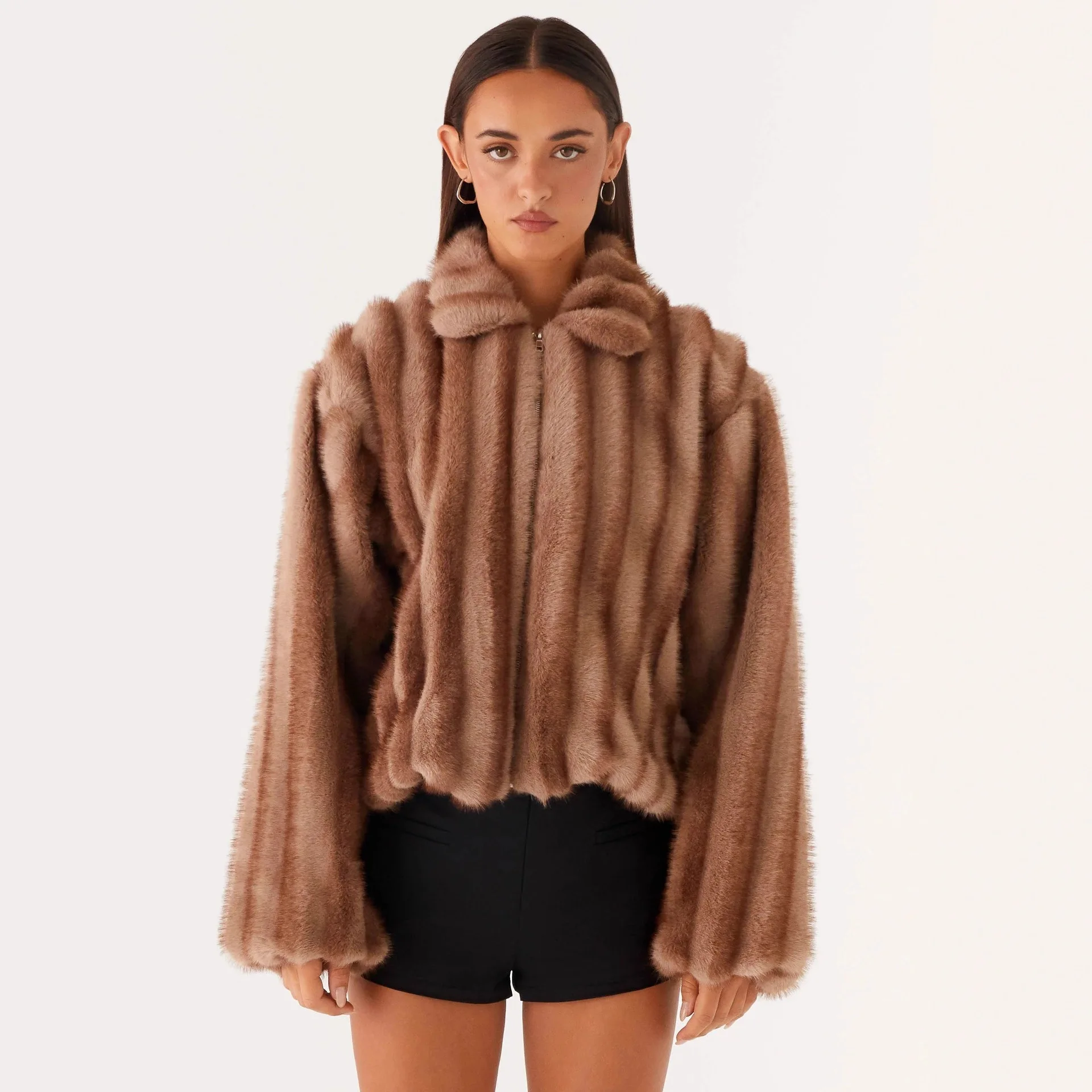 KIDCRKJ Kunstpelz-Damenmantel, Umlegekragen, volle Ärmel, Reißverschluss, Damen-Nerzpelzjacke, lockere High Street, dick, warm, Damen-Outwear