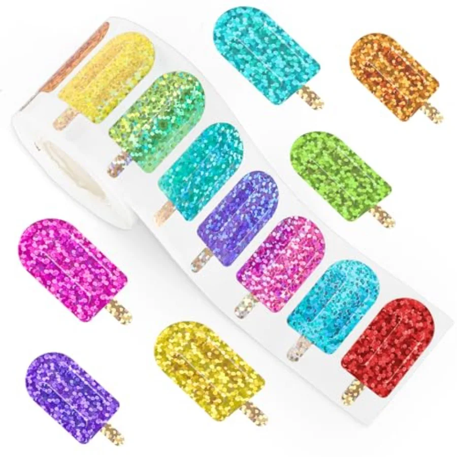 

500Pcs Stickers Roll Holographic Summer sicle Waterproof Decals 9 Colors Sparkly Lolly Self-Adhesive Decorative Stickers for En
