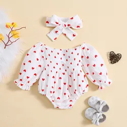 New Baby Girl Valentine's Day Heart Print Romper with Matching Headband Infant Cute and Comfort Clothes Toddler Bodysuit 0-18M