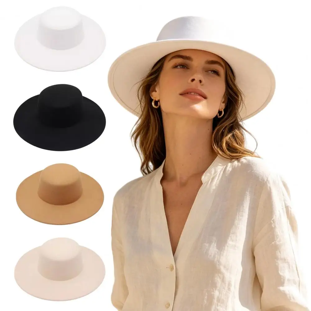 Wool Blend Flat Top Hat Retro Jazz Cap Wide Brim Felt Hat Women Events Daily Wear Fashion Casual Outdoor Headwear Accessory