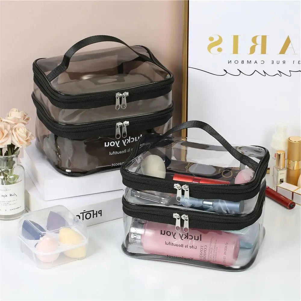 1Pc Double layer transparent makeup bag, large capacity portable toiletries bag box, waterproof cosmetics travel storage bag