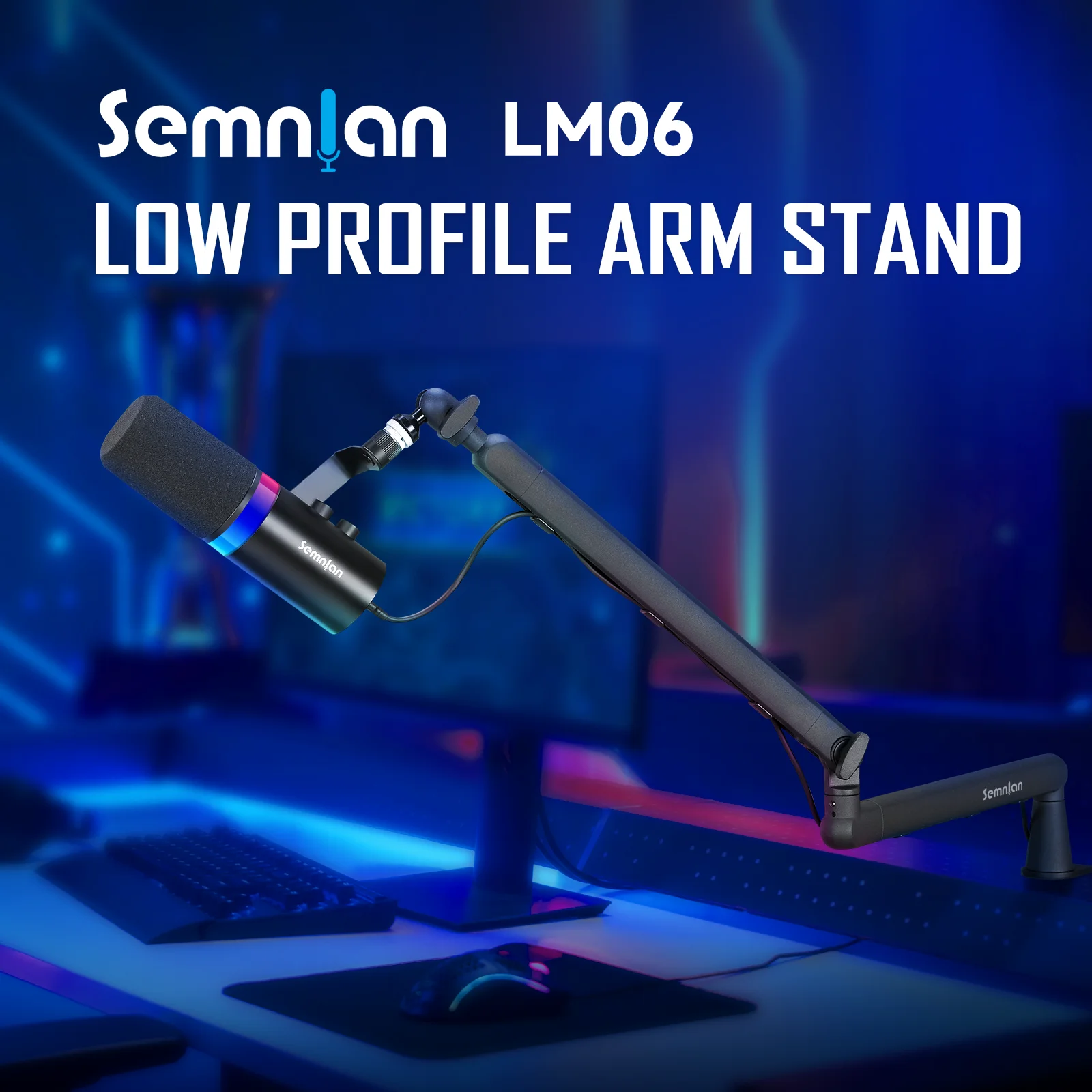 SEMNLAN Adjustable Low-profile Arm Microphone Stand with Cable Managment/Desk Mount, Suspension Boom for Gaming Recording LM06