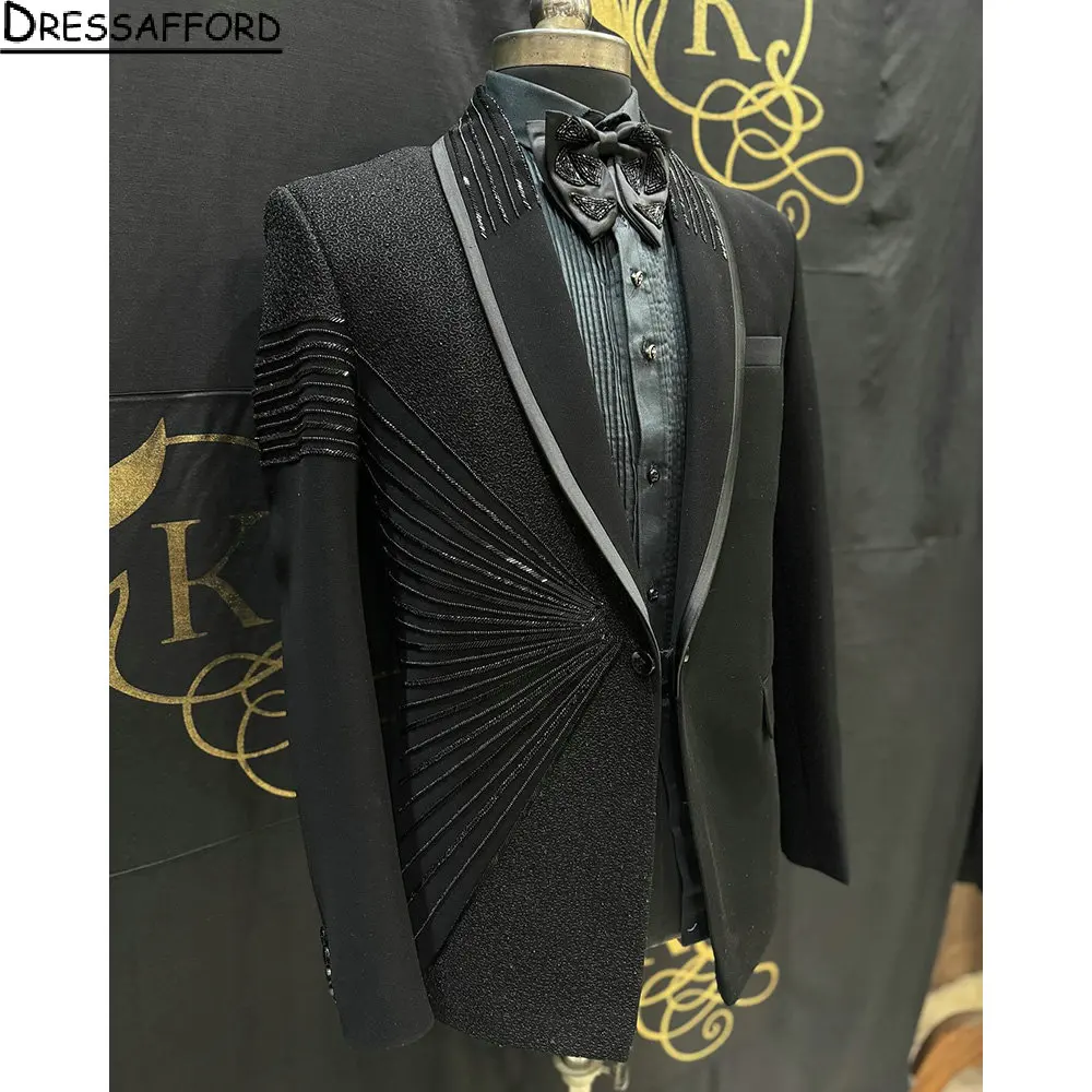 Black Luxury Men Suits Beading Crystal Groom Wedding Tuxedos 2 Pieces Sets Dinner Prom Blazers Terno Masculino Completo