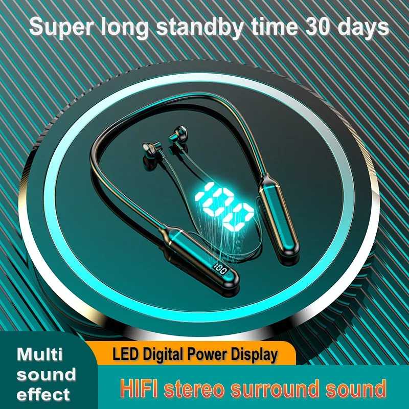 Sport Nekband Hoofdtelefoon Bluetooth Oortelefoon Gaming Led Batterij Display Draadloze Mic Stereo Hifi Tws Headset Ondersteuning Tf Kaarten