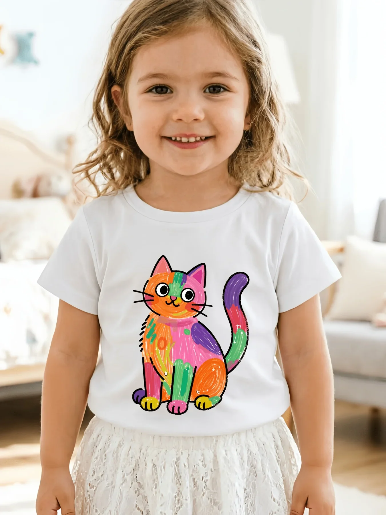 Funny Vibrant Multicolor Cartoon Cat Pattern Kids Short Sleeve T Shirt Casual Round Neck Summer Outfit For Boys And Girls