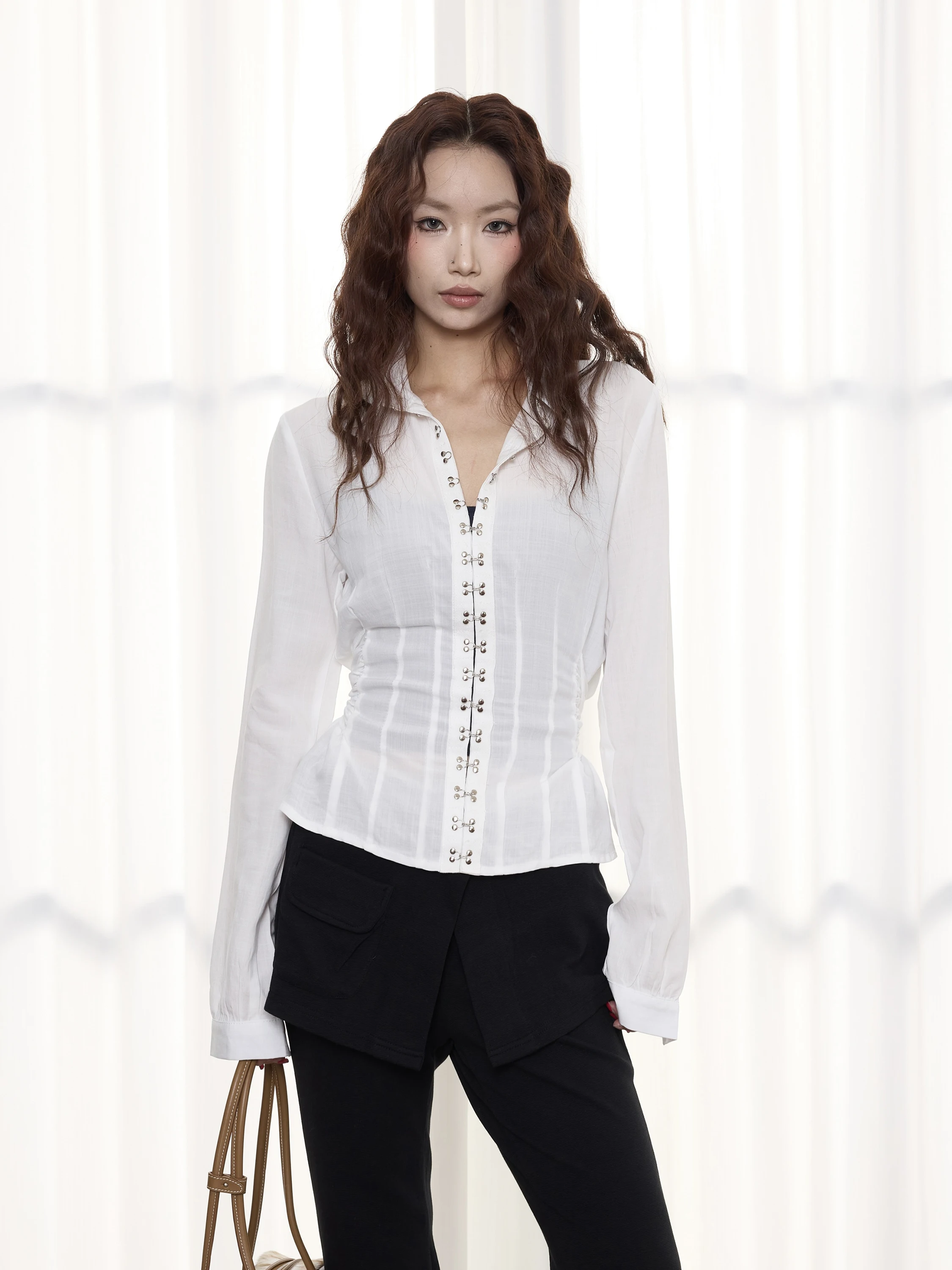 Slim Fit Long Sleeve Shirt Antsstna American Retro Style Single Button Design Belted Waist Sexy Girl Fashion Top Women's T-shirt
