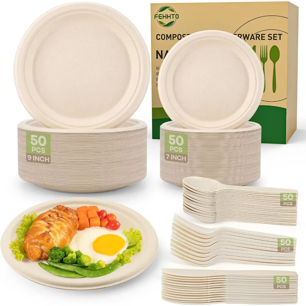 

Compostable Paper Plates Set, 250PCS Heavy-Duty Sugarcane Plates with Eco-Friendly Utensils for Parties