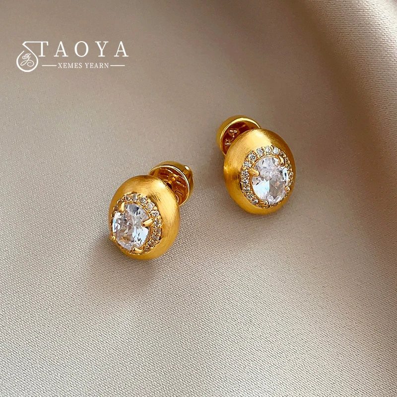 Nowy styl średni starożytny metal szczotkowany inkrustowany Rhinestone owalne kolczyki sztyfty 2024 moda biżuteria luksusowe akcesoria dla kobiet