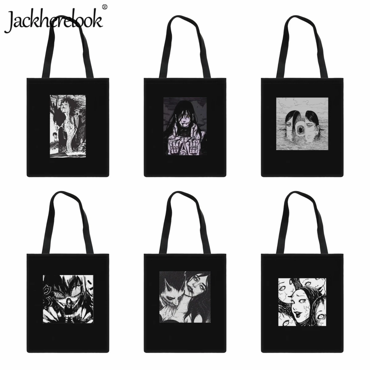 

Jackherelook Black White Horror Comic Pattern Fashion Ladies Shoulder Bag Canvas Handbag Trendy Classic Teenagers Girls Tote Bag