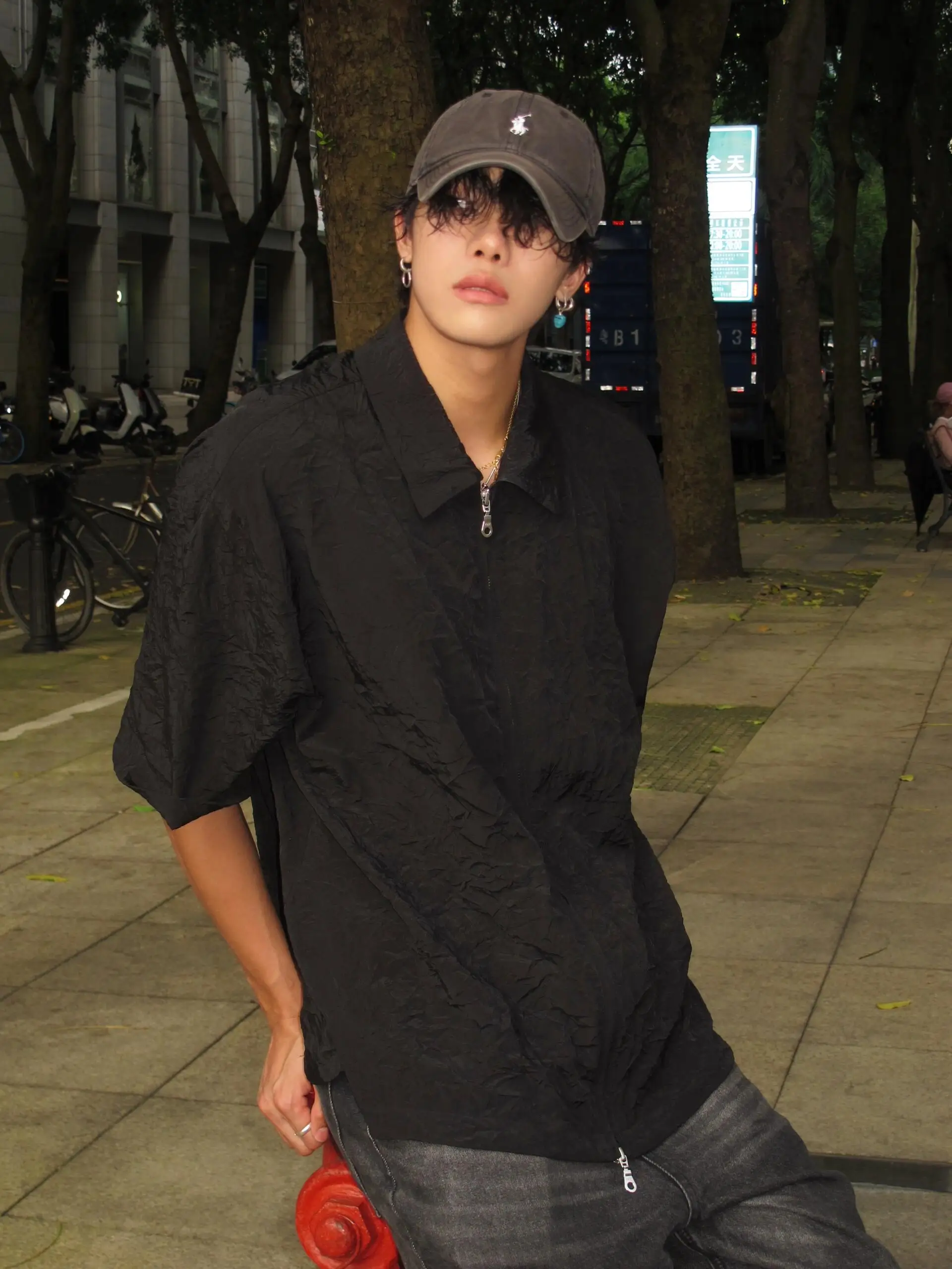 

Black Short Sleeve Shirt Men's Summer Design Folded Double Zipper Cleanfit Top Youth Trendy Standard Fit Long Collar Design