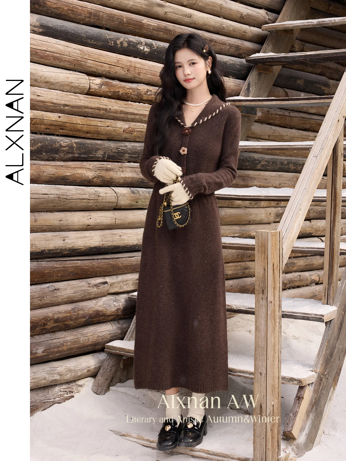 

ALXNAN Brown Knitted Dresses V-line Lapel Neck 3d Flower Wool Long Sleeve Dresses Winter Warm Slim-fit Female Clothing QJD00122
