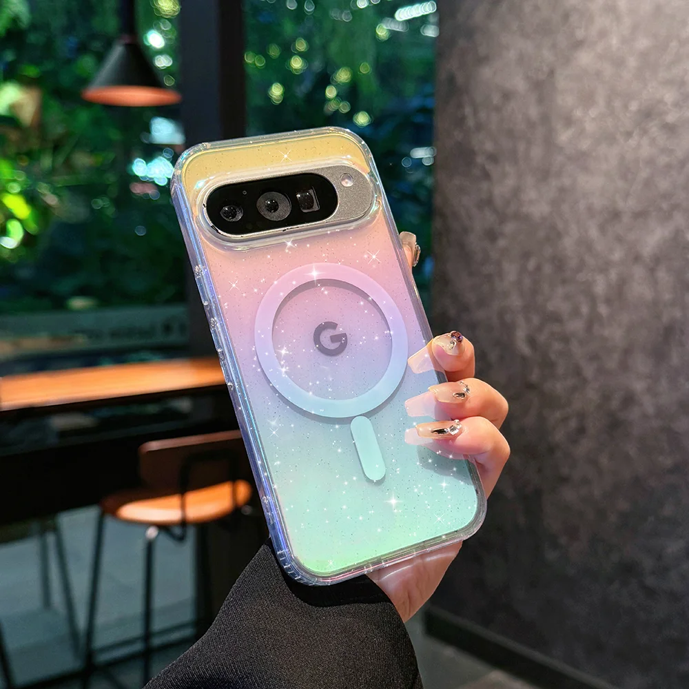 Luxuriöse Laser-Glitzer-Handyhülle für Google Pixel 9 10 11 Pro XL 9A 9pro für Magsafe, magnetischer, stoßfester Bumper, harte Schutzhülle