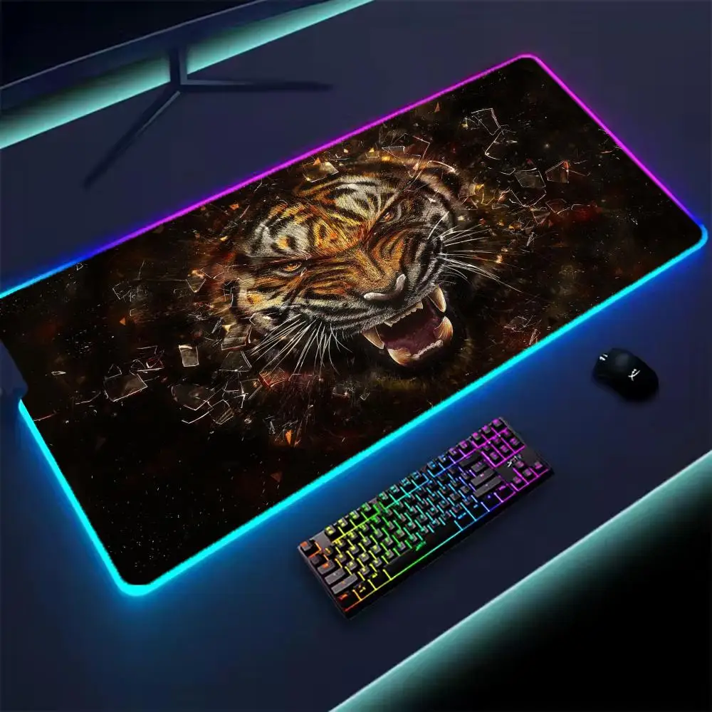 

Anime Tiger Mouse Pad XXL RGB Gaming Mouse Pad Gamer Accessories Large LED Light Mousepads PC Computer Desk Mat with Backlit