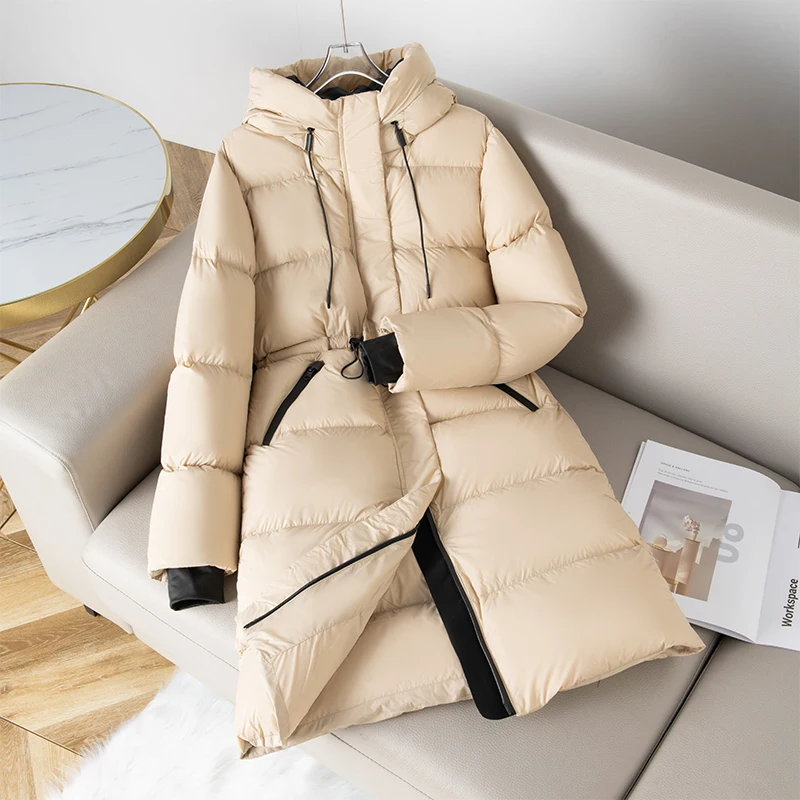 Cordon de serrage taille doudoune d'oie femmes automne hiver 2025 nouveaux manteaux longs à capuche épaissir 90 blanc duvet d'oie haute moelleux