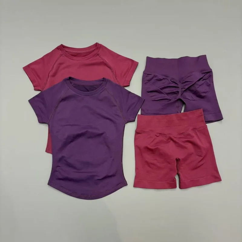 2 Pieces Sport Set Women Yoga Short Sleeve Top Seamless Scrunch Pilates Fitness Suit Training Pants Suits Gym Sports Sets