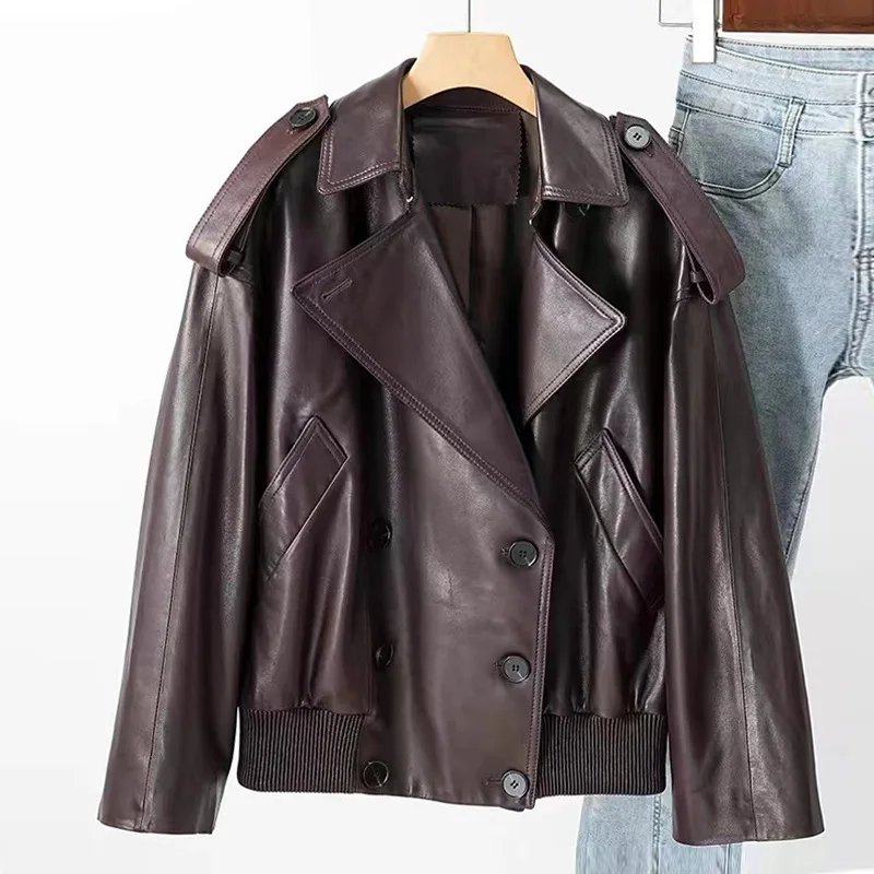 Women's Leather Coat, Sheepskin, Motorcycle Jacket, Lapel, Loose, Casual Coat, Autumn And Winter