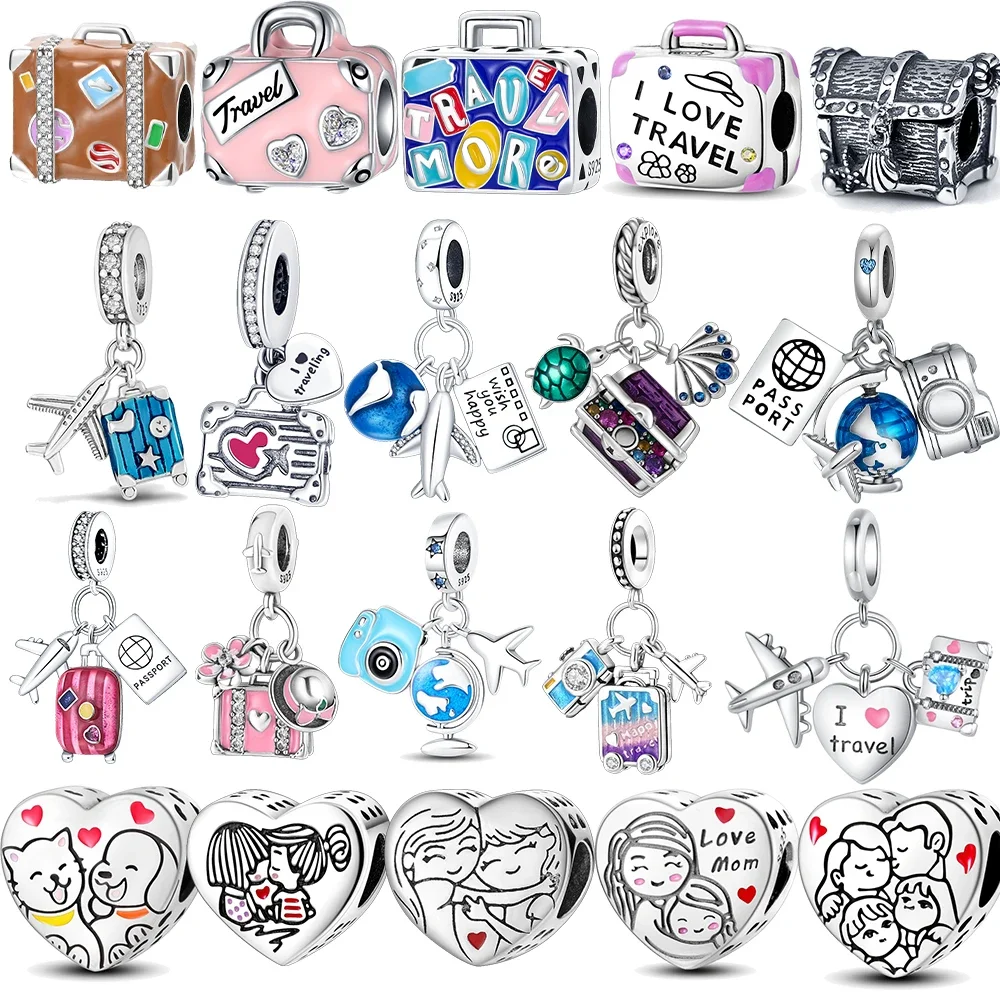 Suitcase Airplane Camera Pendant Charms Fit Original 925 Pandora Bracelet 925 Sterling Silver Charm Bead Female Jewelry