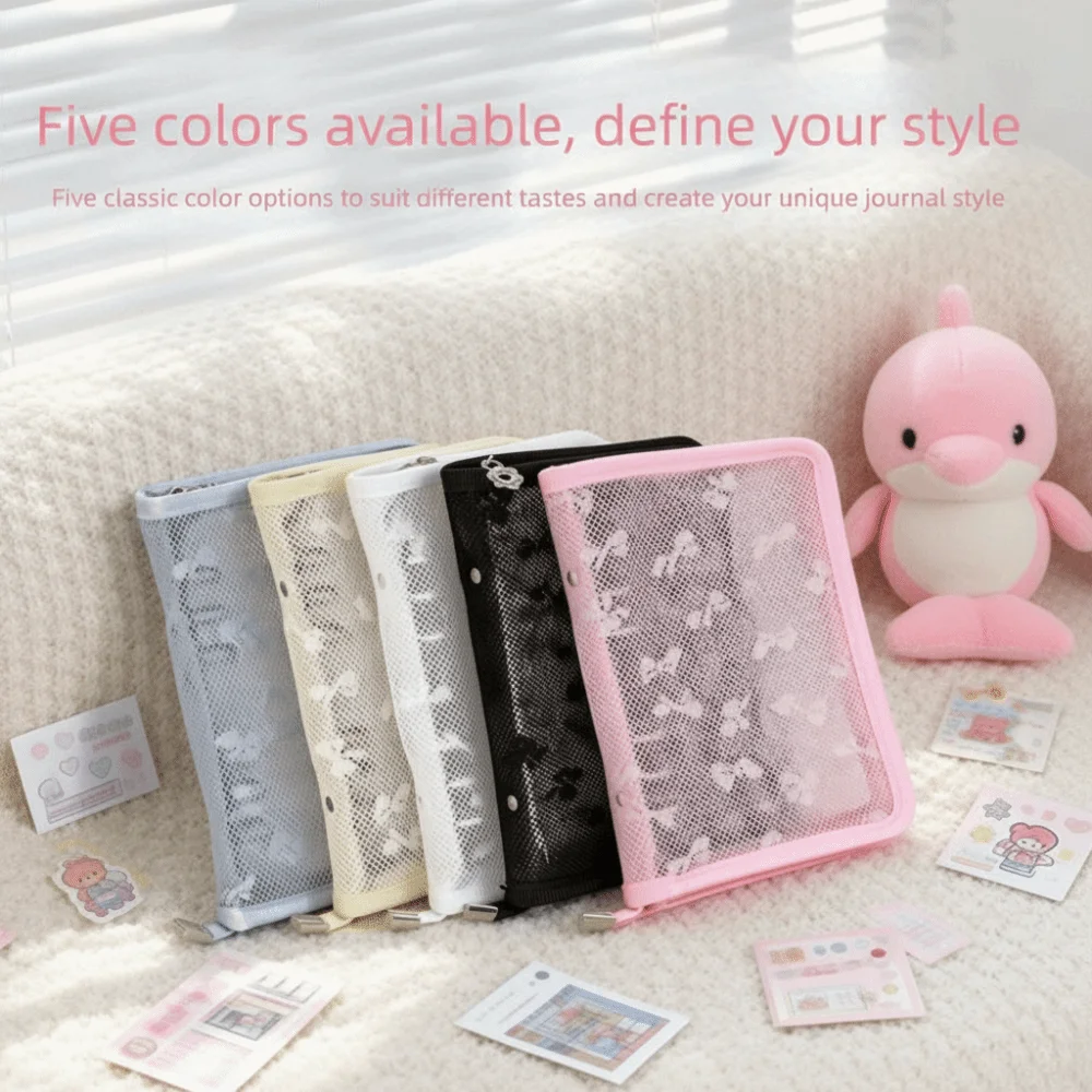 Bow Decoration Ring Binder Album Lace A6 Size Photo Collection Book Zipper Closure Zipper Binder Notebook Postcard Organizing