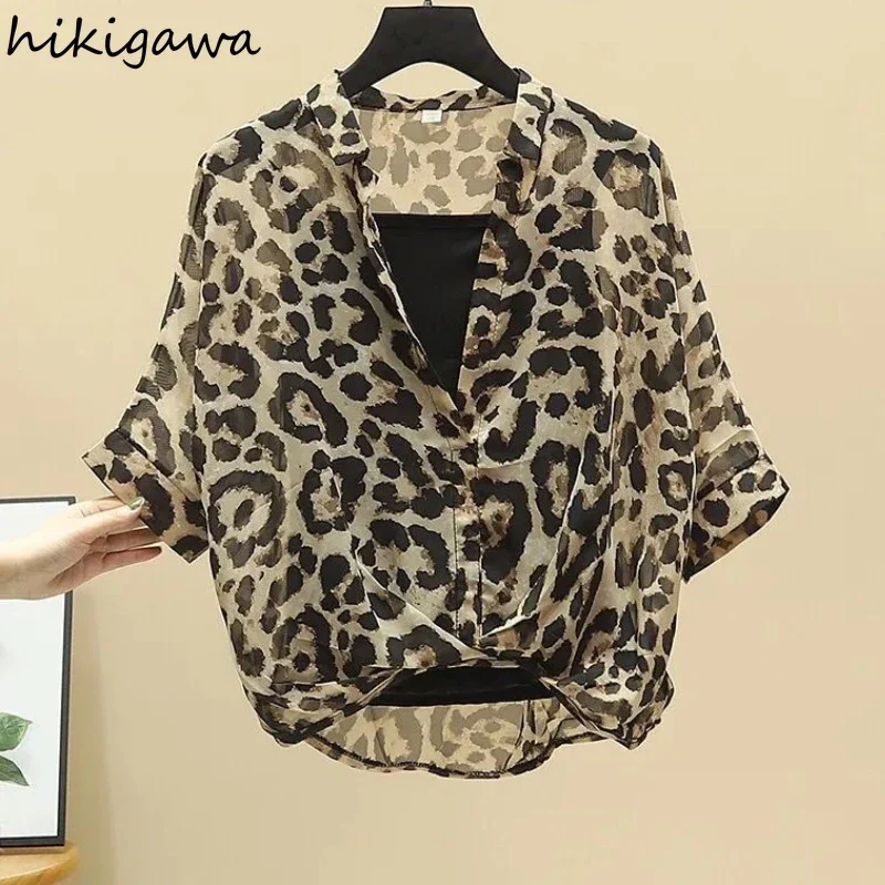 2024 Blusas Mujer De Moda Chiffon Shirts Sets Fashion Sexy Leopard V-neck Blouses Tunic Vest Suit Temperament Summer Loose Tops