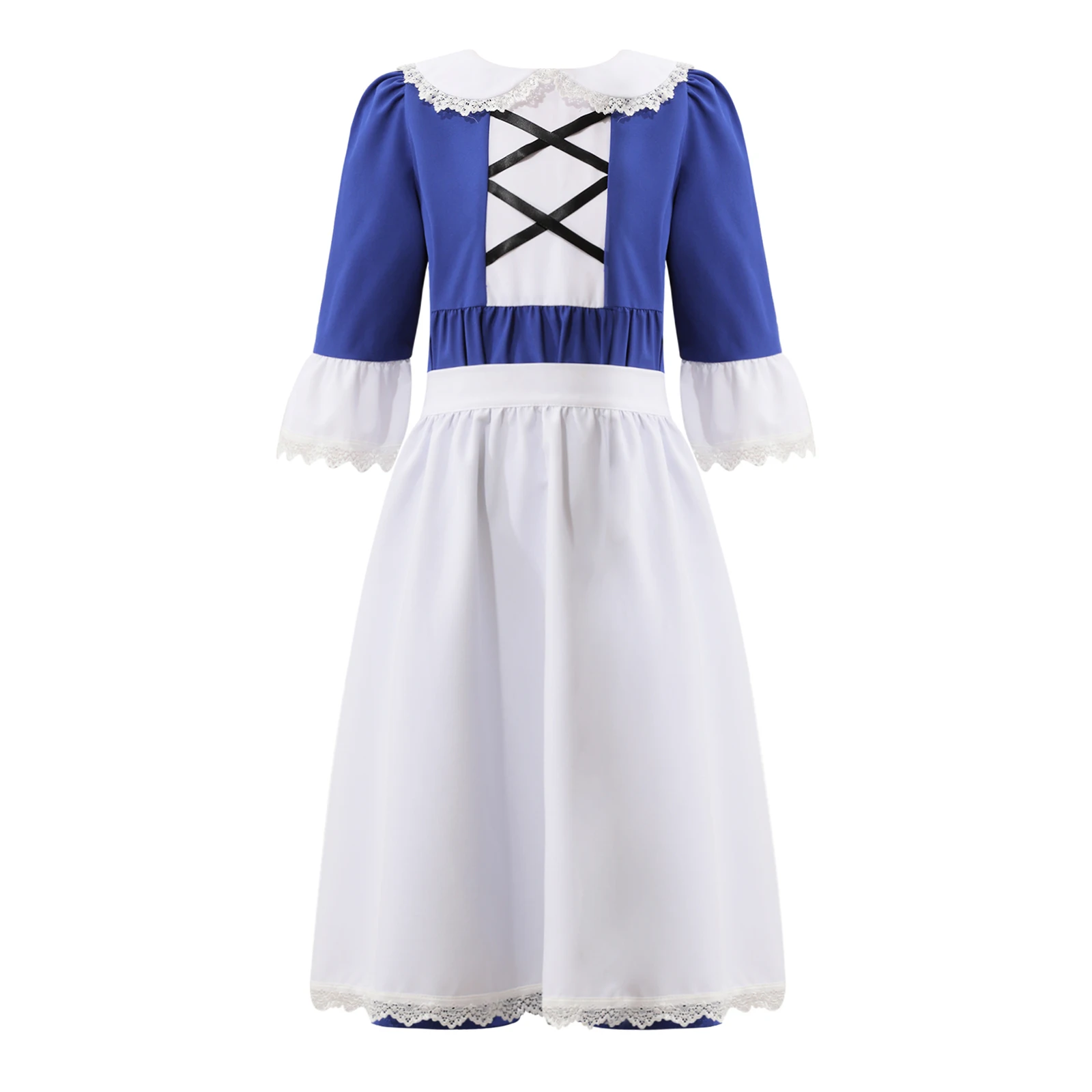 

Halloween Kids Girls Colonial Prairie Maid Cosplay Costume Lapel Collar Short Flared Sleeve High Waist Dress with Apron Set