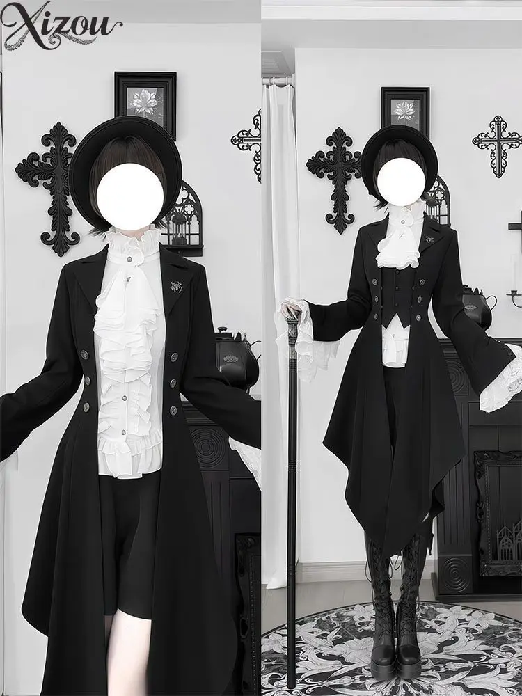 Autumn Retro Prince Lolita Jackets for Women Gothic Lapel Waist Dovetail Black Blazer Coat Men and Women's Casual Long Jacket