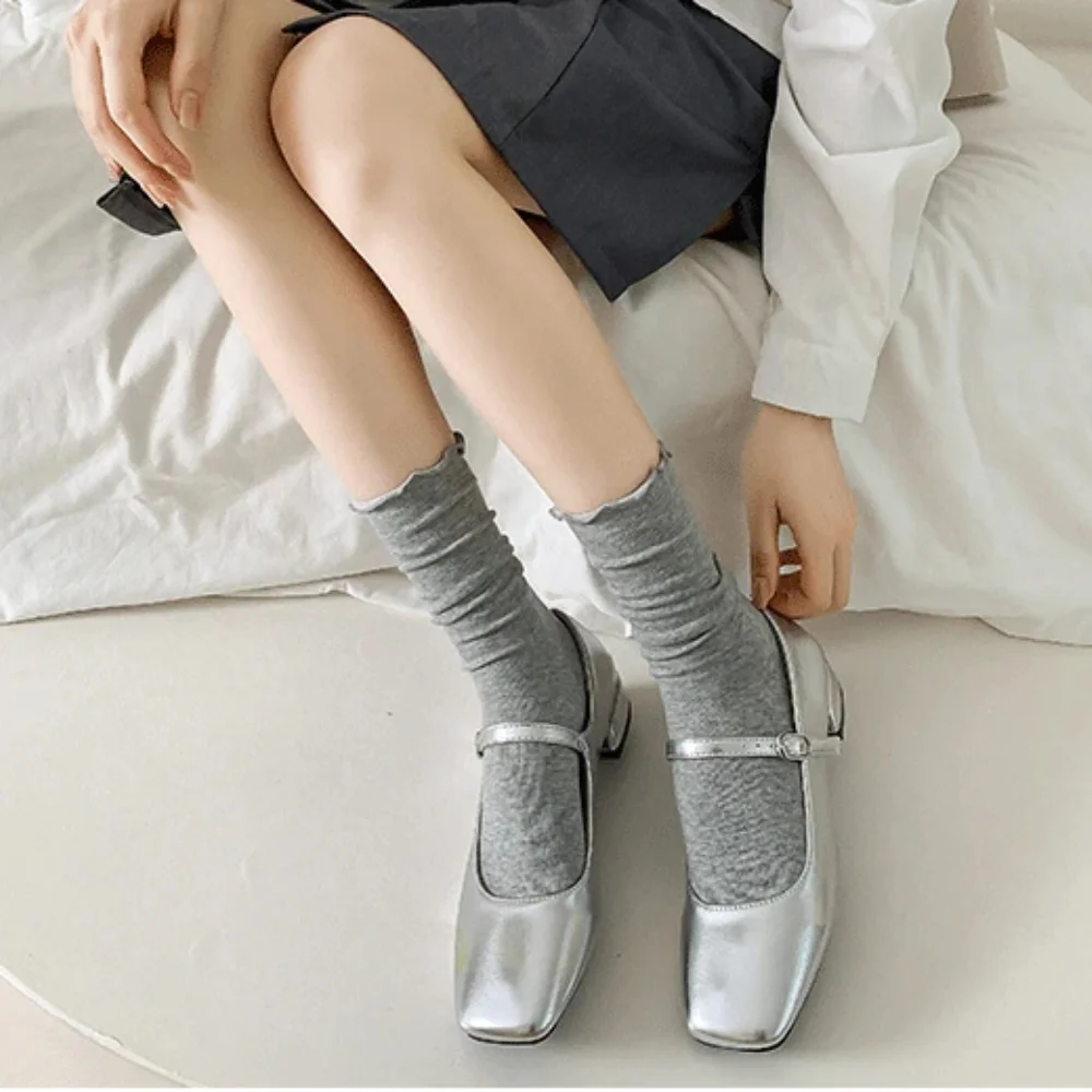 Women Ruffle Frill Cuff Stackable Mid Calf Cotton Socks Thin Slouch Socks Black White Frilly Socks Match Loafers Leather Shoes