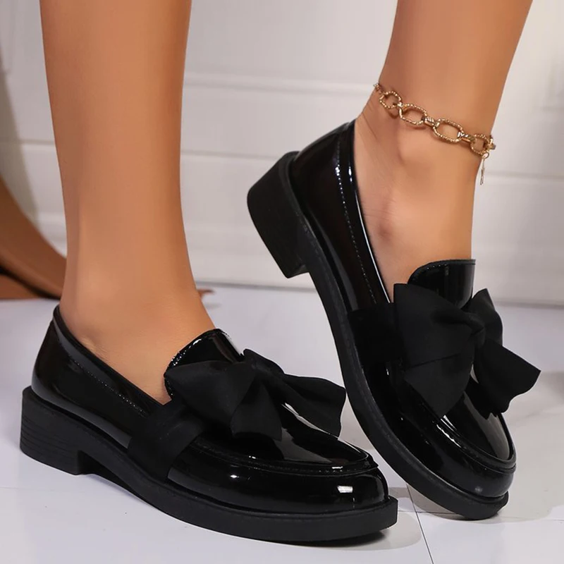 Fashion Bowknot Slip On Loafers for Women 2024 Summer Solid Color Patent Leather Shoes Woman Comfort Soft Sole Platform Loafers