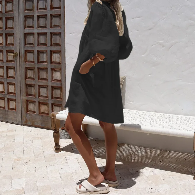 Mini vestidos para mulheres streetwear 2025 verão nova moda solta com decote em v manga bolha vestido cor sólida elegante saias curtas