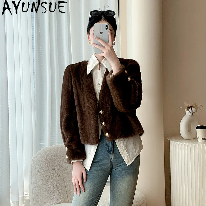 AYUNSUE Naturalna Kurtka z Futra Norki Damska Dekolt V Prawdziwe Futro Kurtki Damskie Odzież Wysokiej Jakości Cała Norka 2025 Zima Abrigo Mujer