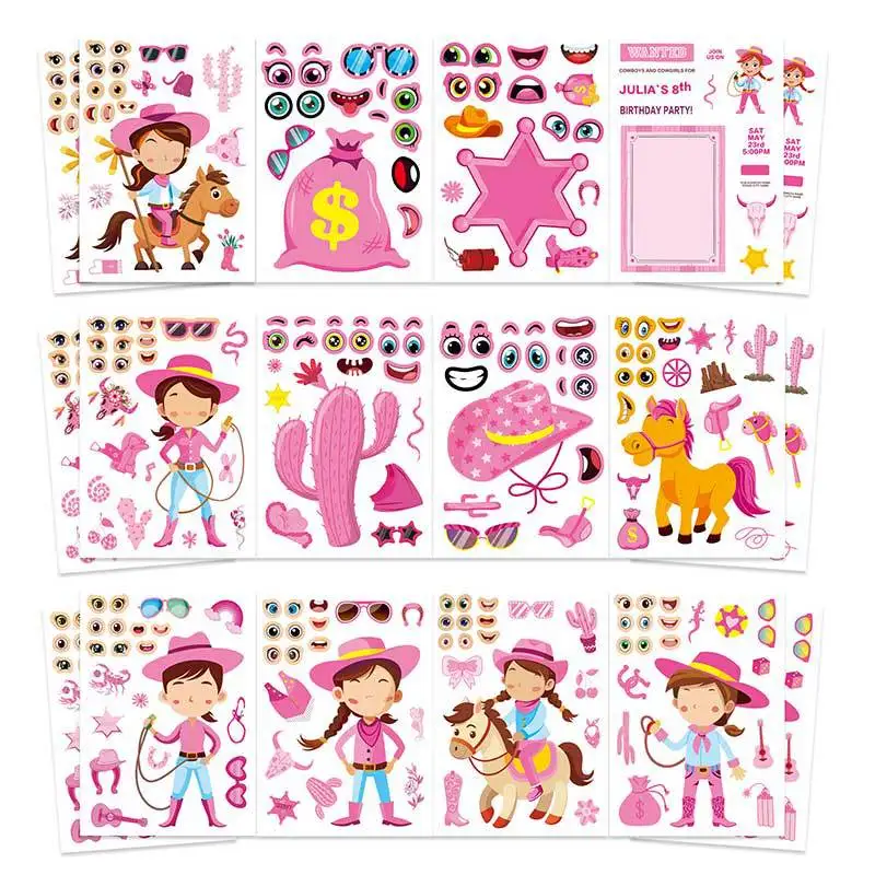 

6/12Sheets Pink Western Cowboy Puzzle Sticker DIY Phone Laptop Luggage Skateboard Graffiti Decals Fun for Kid Gift