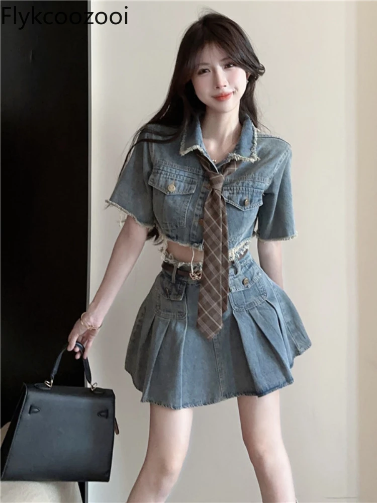 2024 Summer Raw Edge Lapel Pure Slim-fit Short Denim Coat + Skirt + Tie Fashion Design Conjunto Femenino Roupa Elegante