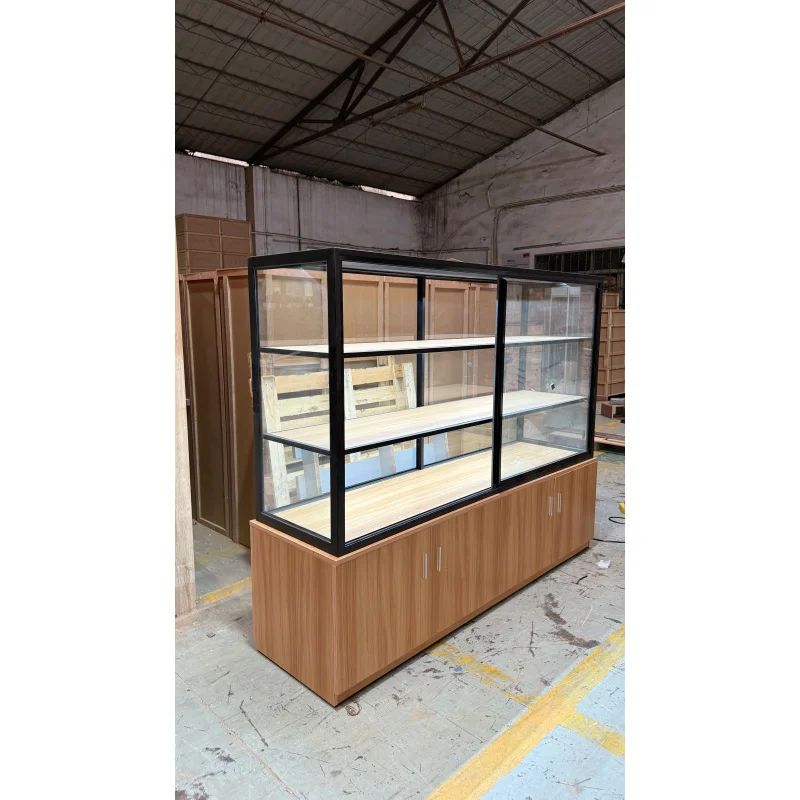 custom.Cherry Wood and Black Iron Frame Durable Bread Display Stand with Tempered Glass LED Lighting Sliding Door