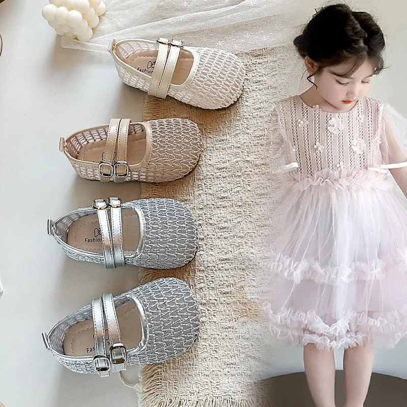 Girls Mesh Sandals Soild Color Versatile Kids Flat Shoes Double Hook&loop 2026 Summer New Children Princess Shoes Korean Style