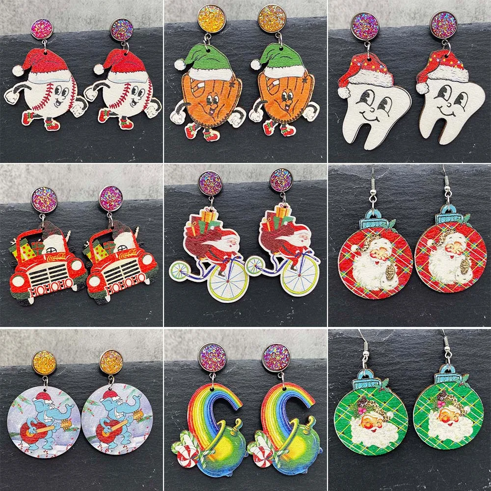 Winter Christmas Earrings Santa Claus Red Car Christmas Hat Baseball Wood Earrings for Women Trendy Gift Jewelry Wholesale