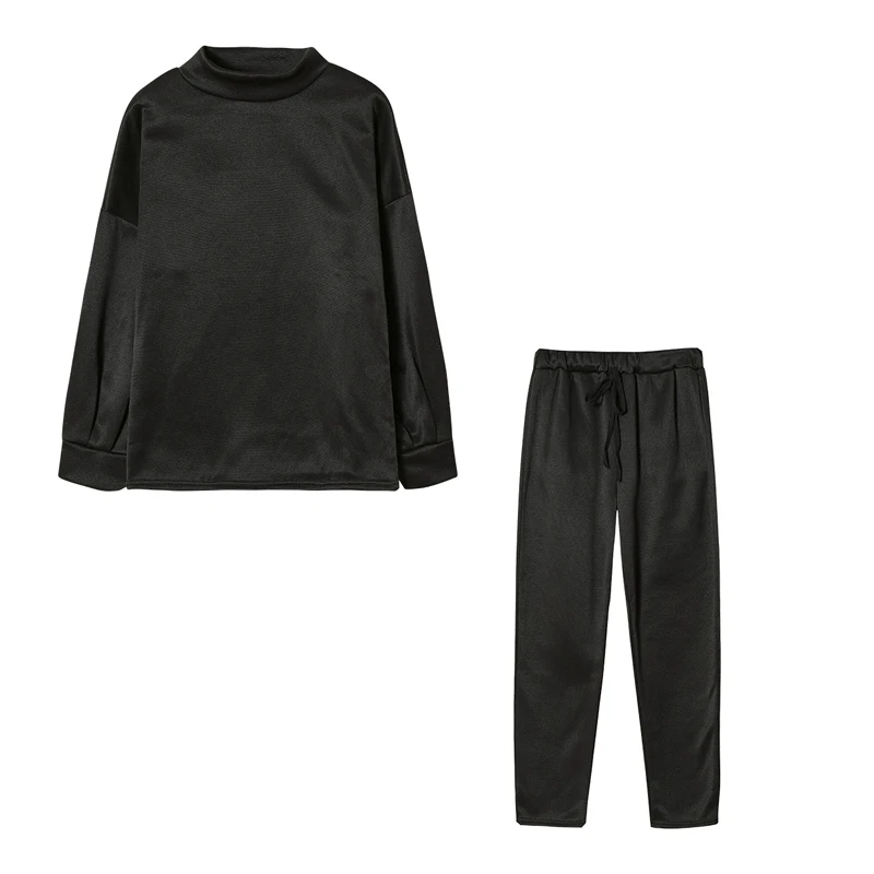 Damessweater met hoge kraag en broek in pure kleur, tweedelige set, casual herfst-wintermode-ensemble