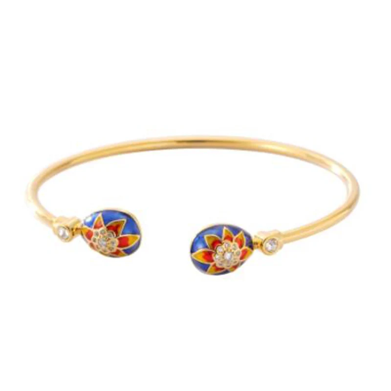 New Elegant Jewelry Lady Bracelet Happy Easter Day Gold Plating Women Enamel Russian Blue Big Flower Faberge Egg Cuff Bangle