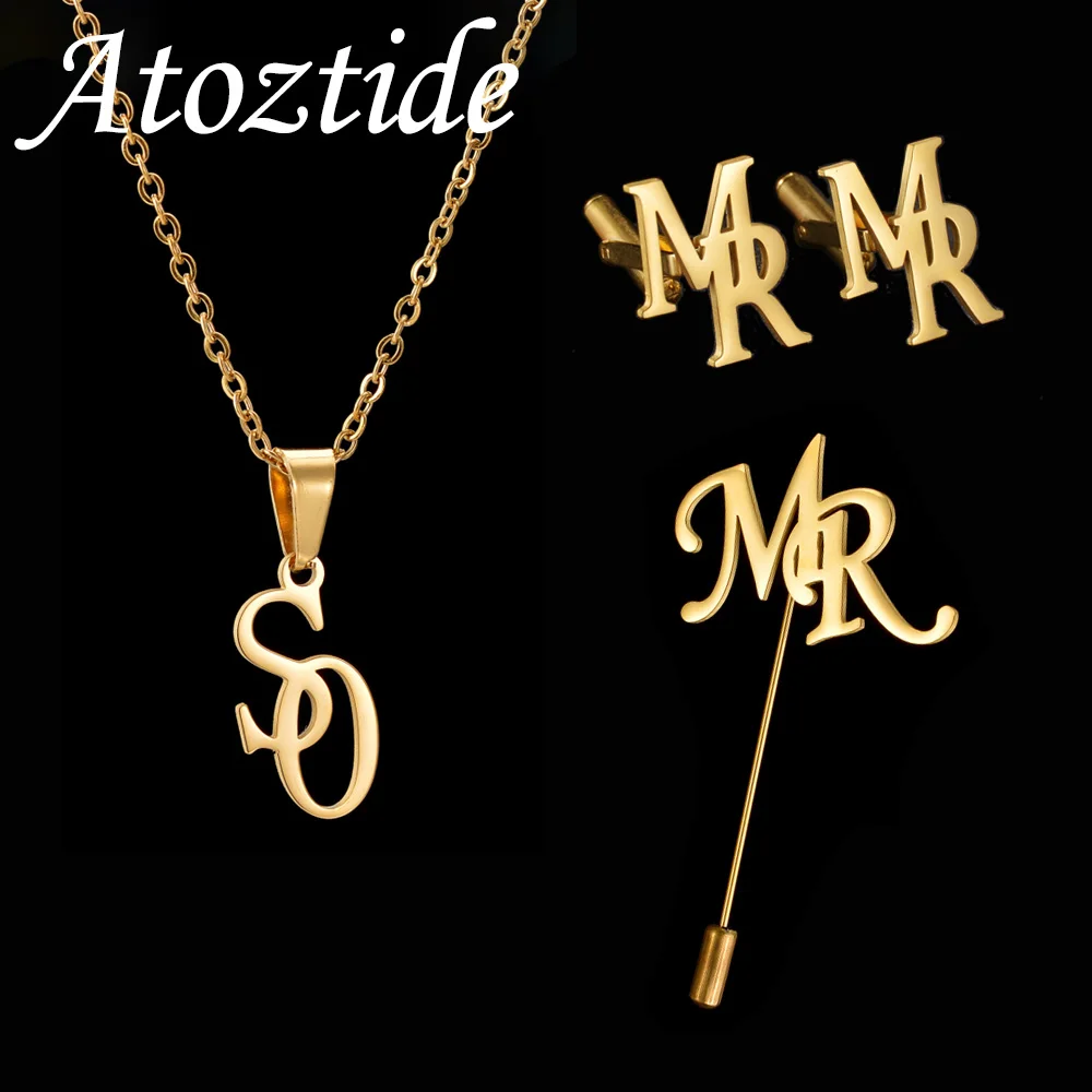 

Atoztide пользовательские инициалы письмо ожерелье брошь запонки комплект ювелирных изделий персонализированная нержавеющая сталь для женщин мужчин подарки на день рождения