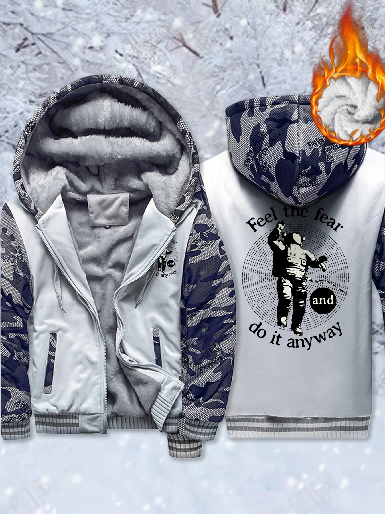

Feel The Fear Do It Anyway Printing Man Thicken Coats Loose Casual Jackets Pocket Fleece Streetwear Winter Zipper Hoodies