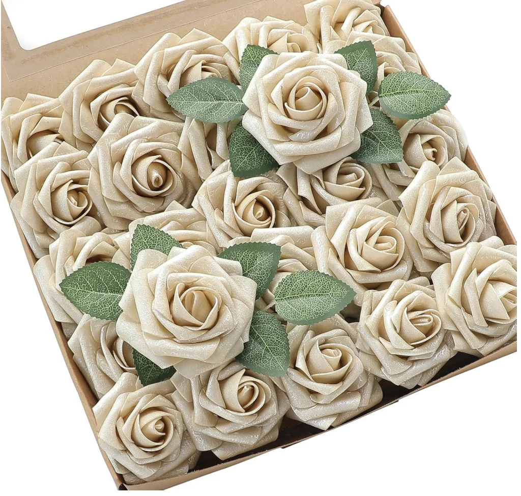 Artificial Flowers 25pcs Real Looking Champagne Gold Foam Fake Roses with Stems for DIY Wedding Bouquets Bridal Shower