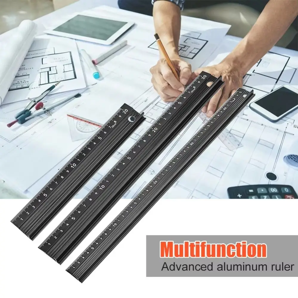 20/30/45cm Durable Aluminum Alloy Straight Ruler Non-slip Anti-cut Hand Protective Ruler Precise Measuring Woodworking Ruler