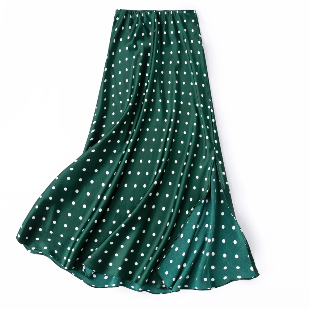 2026 Women's Fashion Summer New Emerald Green Wave Dot Slant Cut Gloss 93% Natural Mulberry Silk Elastic Satin Side Split Skirt
