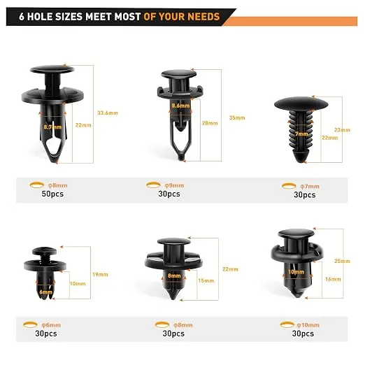 Universal Plastic Fender Clips,200 Pcs Push Bumper Fastener Rivet Clips with 6 Size Auto Body Retainer Clips Bumpers