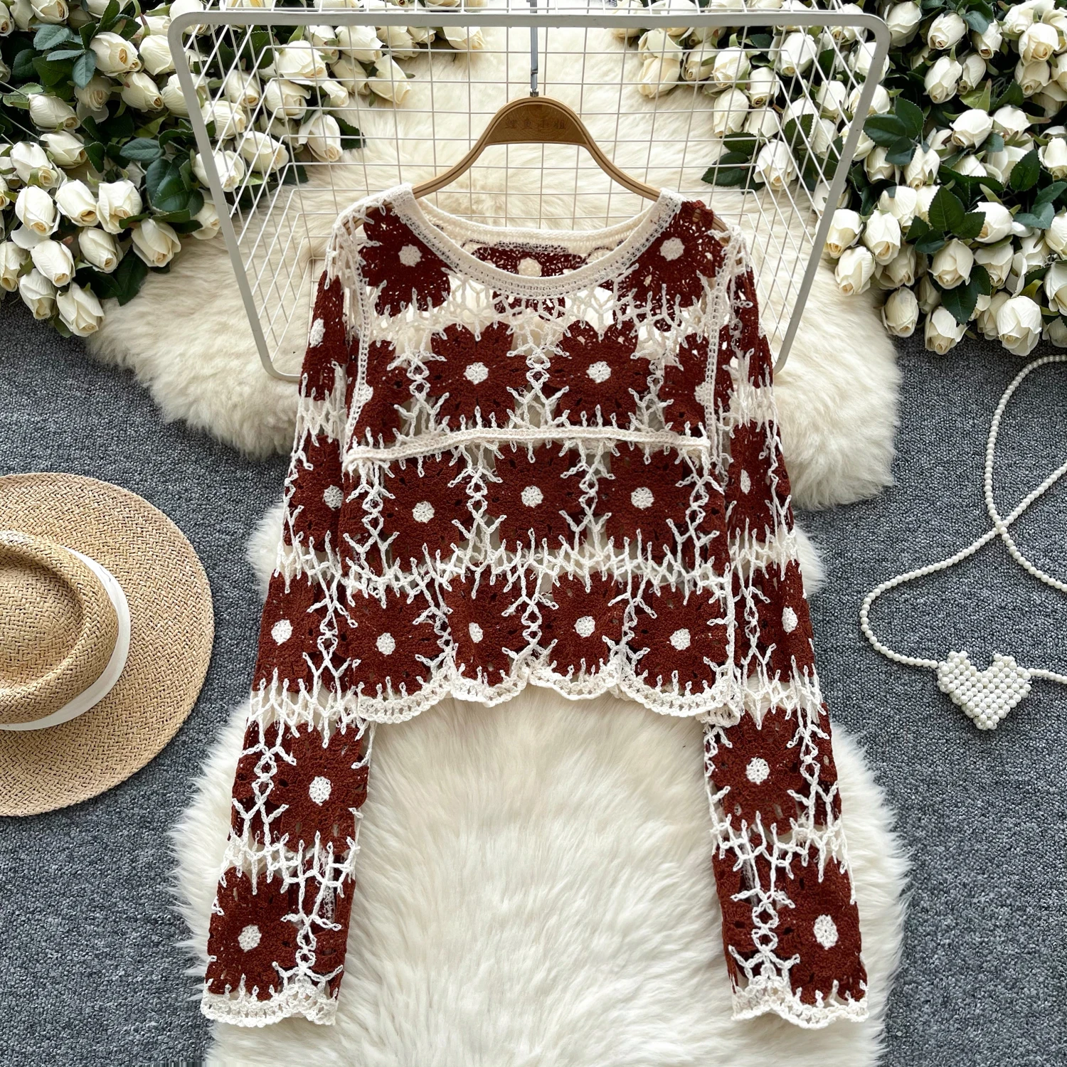 Sheer Crochet Top Long Sleeve Embroidery Daisy Crop KnittedPullover for Women Teen-girl Fall Winter Vintage Cottagecore Outfit