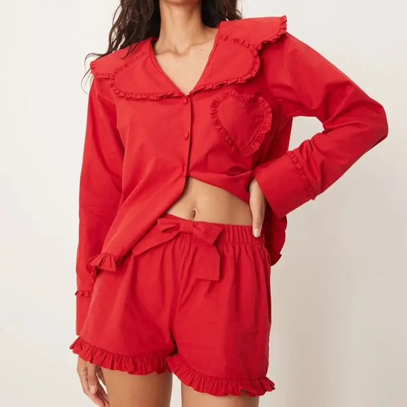 

HEZIOWYUN Women Pajamas Set Solid Color Ruffled Trim Button Down Lapel V Neck Long Sleeve Tops and Shorts Loungewear 2 Pcs Set