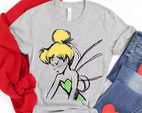 Disney Peter Pan Tinker Bell Printed Sketch Outline T-shirt, Never Island T-shirt, Men's and Women's Comfortable Color T-shirt,