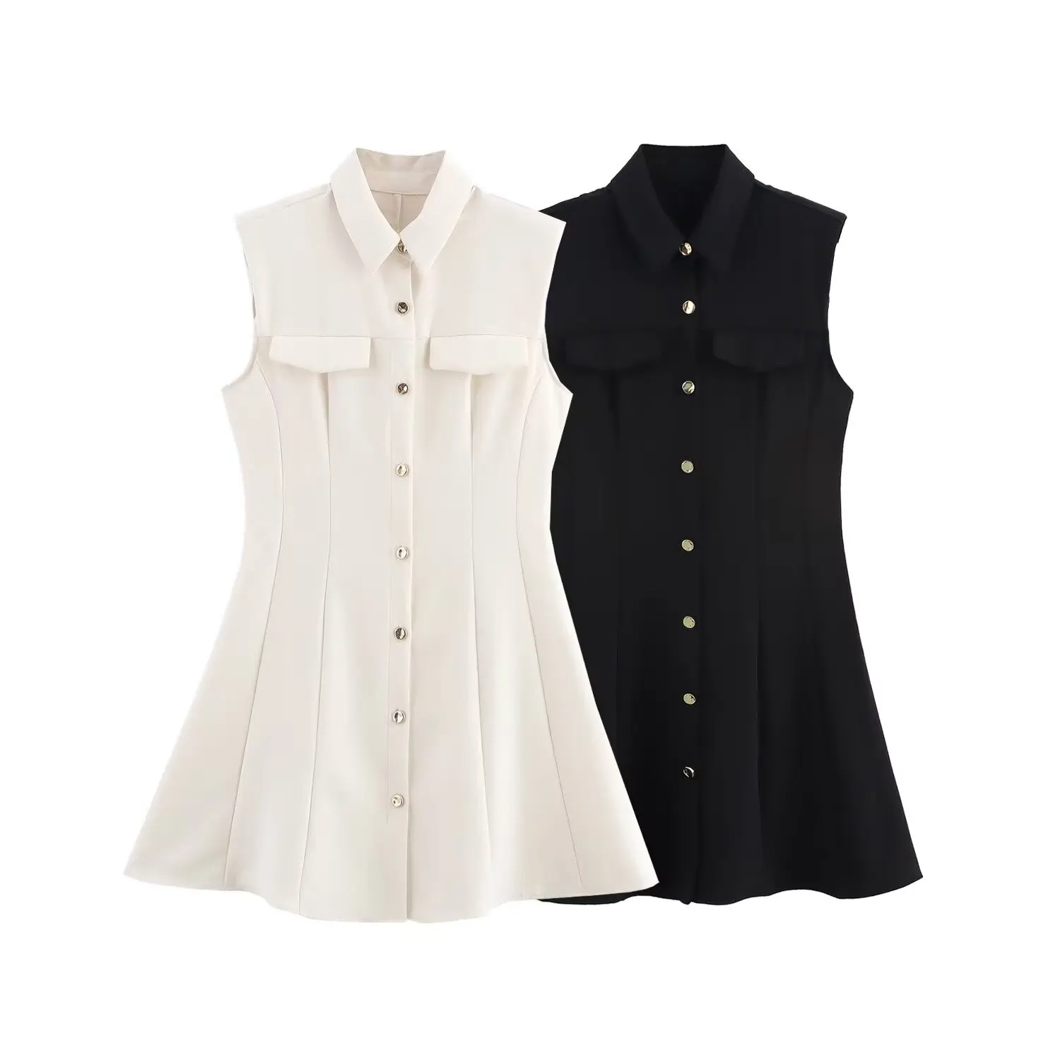 

UNIZERA Women's Dress with Button Decoration Flip Tie Shoulder Pads Sleeveless Style Spring New Dress