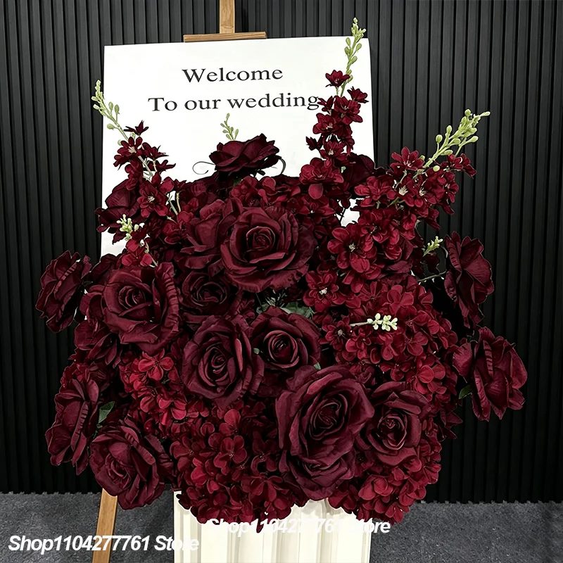 Burgunderrote Rosen Künstliche Blumen Tischdekoration Dunkelrotes Blumenarrangement Hochzeit Esstisch Deko Party Bankett Event Dekoration – Detail 2