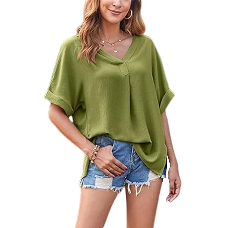 

ABRT-Womens Collared V Neck Short Sleeve Shirts Business Casual Tops Loose Work Blouses