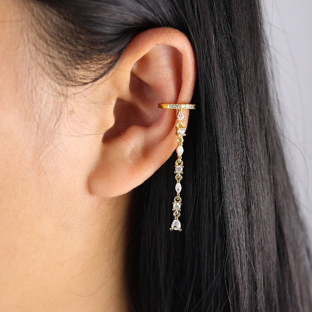 

New Gold Color Clip on Earring Micro Pave CZ Charm Tassel Chain Dangling 1pc Jewelry for Women